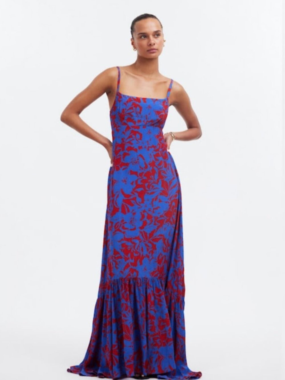 Madewell Exploded Red Blue Floral Crinkle Maxi Dress size 0 Cutout back NWT